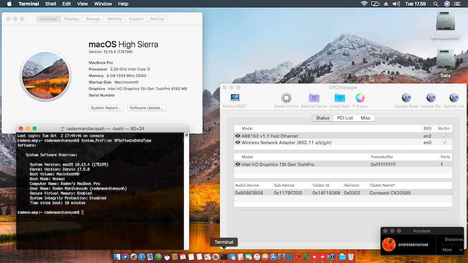 Success Hackintosh High Sierra 10.13.4 Build 17E199 at Toshiba Satellite L645
